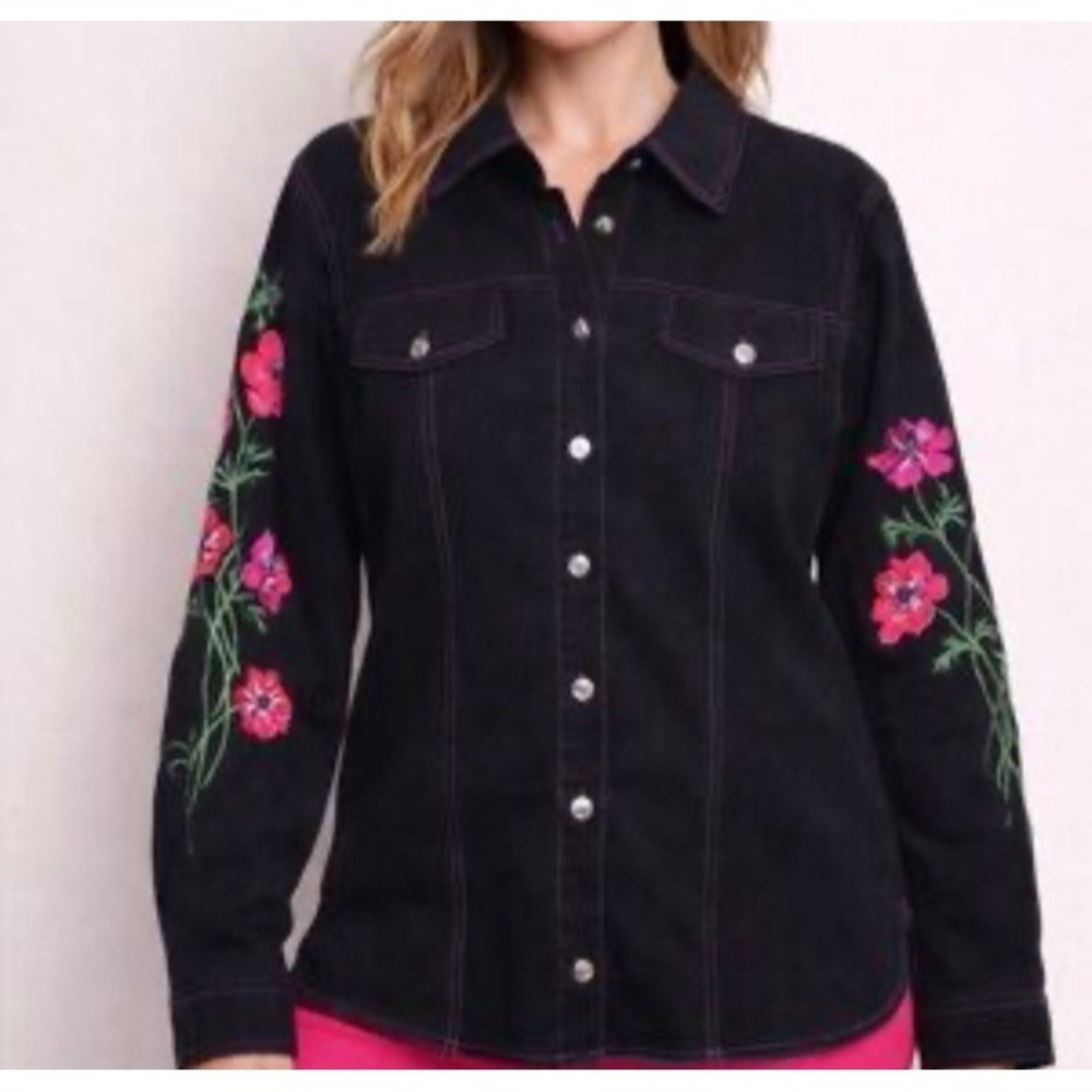 Bob Mackie Top Women's Medium Black Floral Denim Western Embroidered Country Art